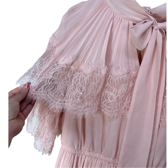 Pink Self-Portrait Lace-trimmed Pleated Chiffon Maxi Dress UK 14/US 10 - Picture 6 of 14